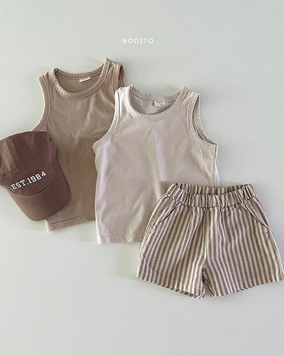 1+1 Sleeveless Tee & Linen Short Set (Ready Stock)