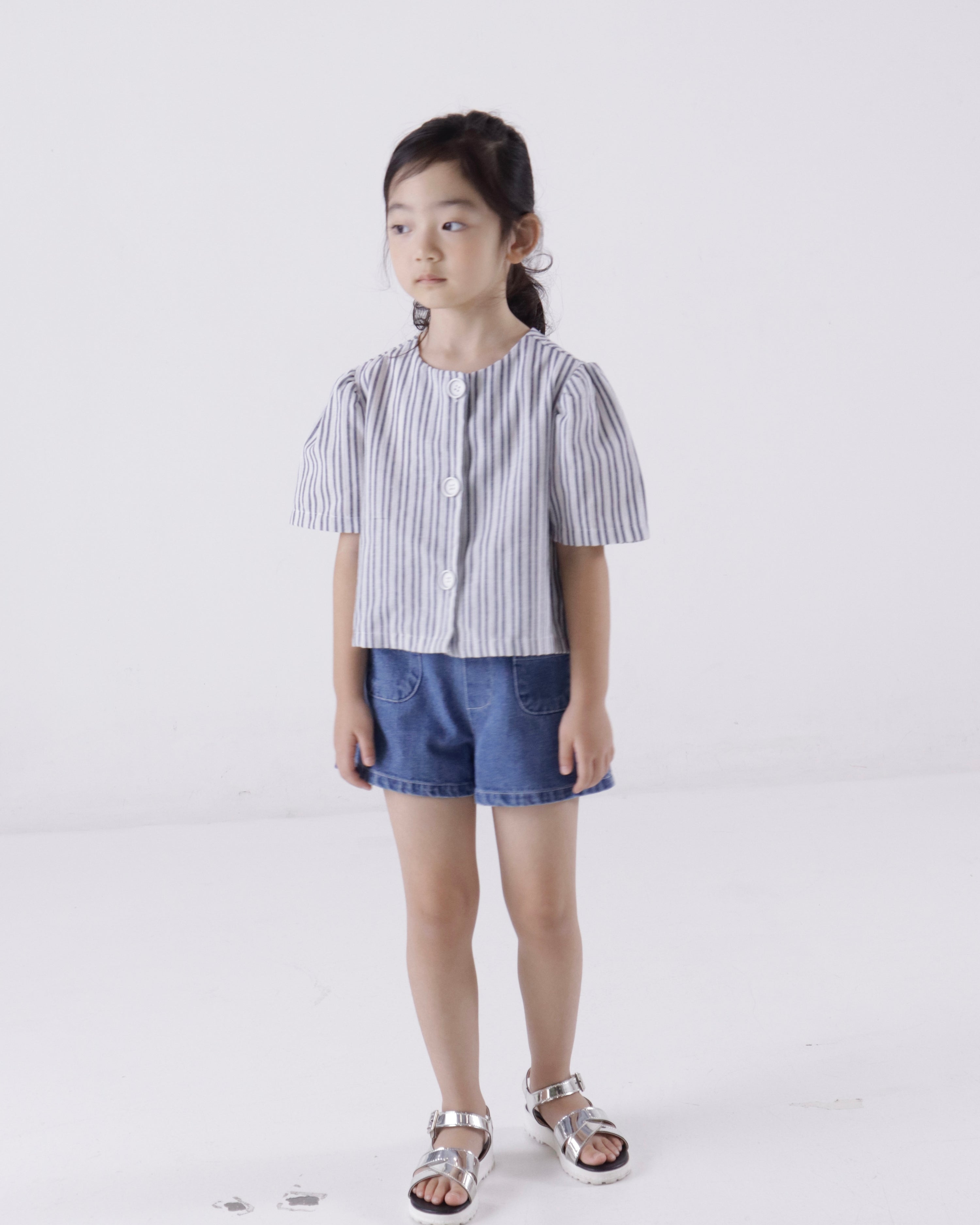 Stripe Summer Linen Jacket & Denim Shorts Set (Ready Stock)