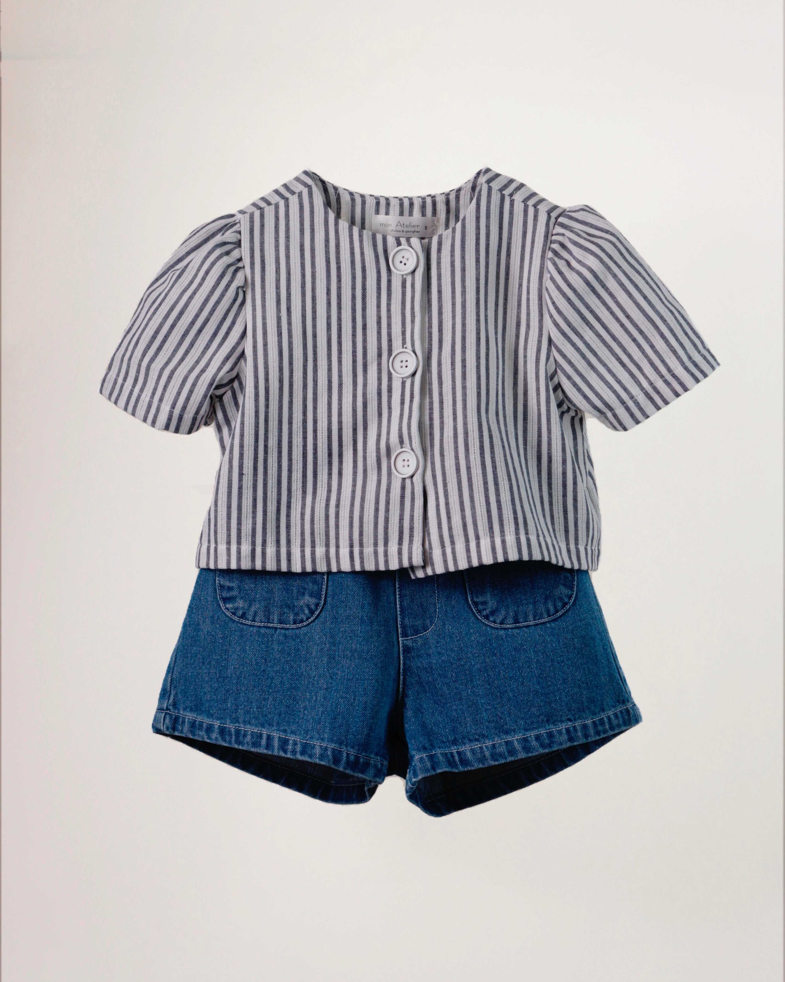 Stripe Summer Linen Jacket & Denim Shorts Set (Ready Stock)