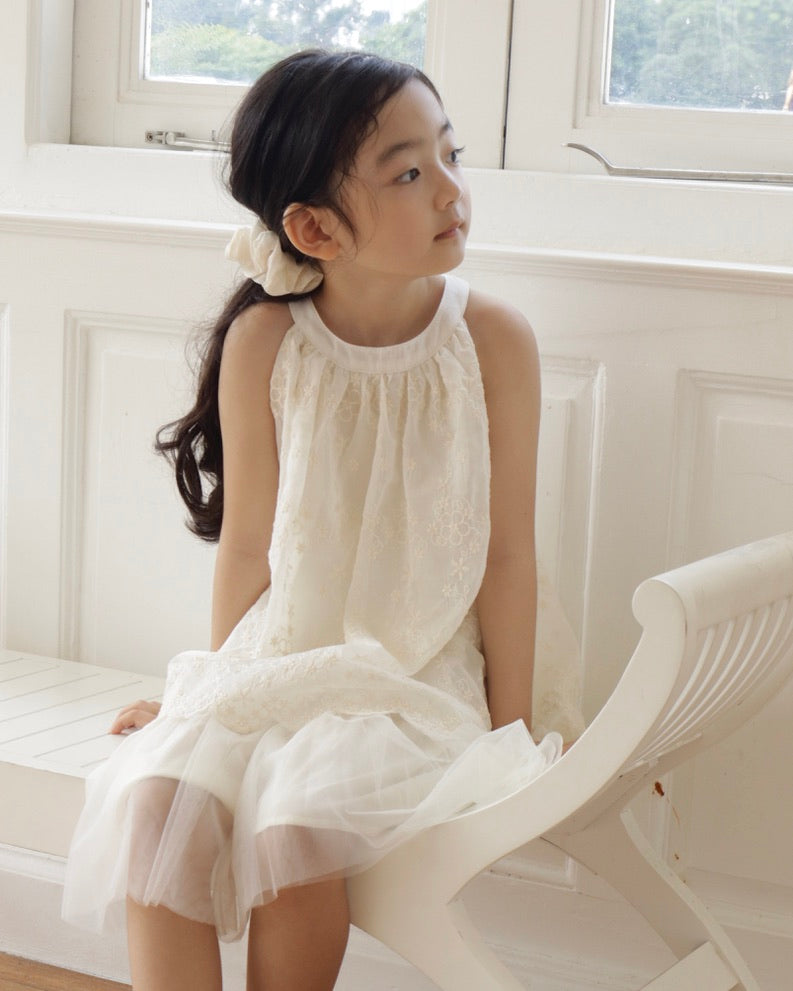 Cream white tulle dress with embroidery details.
